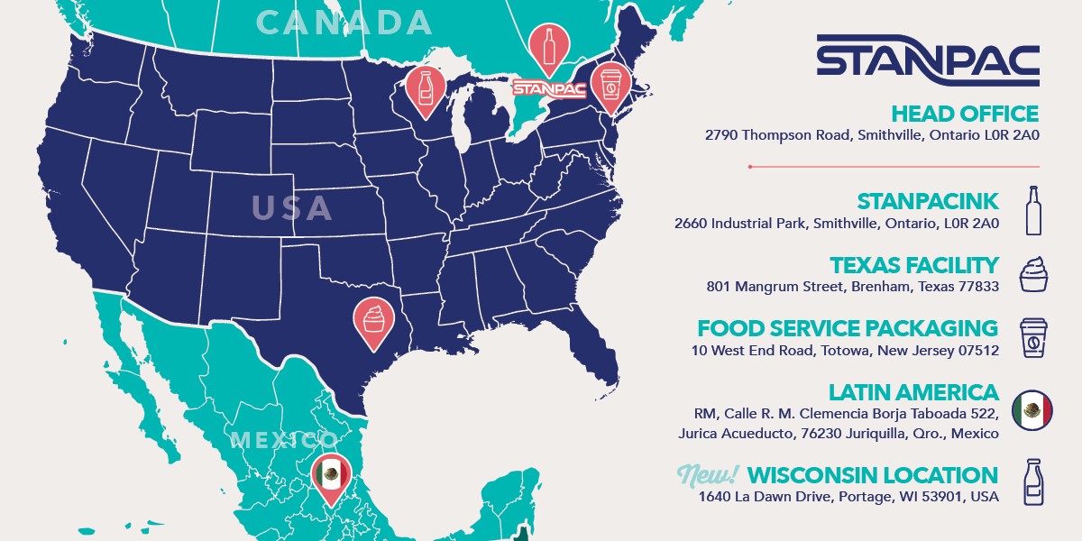 Stanpac Locations Map | With 6 locations strategically located across North America with facilities in Smithville, Niagara, Ontario, New Jersey, Texas, Wisconsin and Mexico, we're able to supply our clients efficiently and timely.